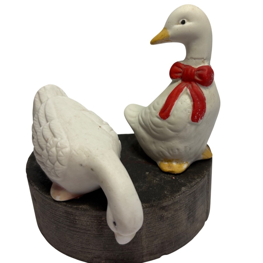 White Ceramic Ducks 1 Red Bow ,1 salt shaker Farmhouse Decor Vintage
